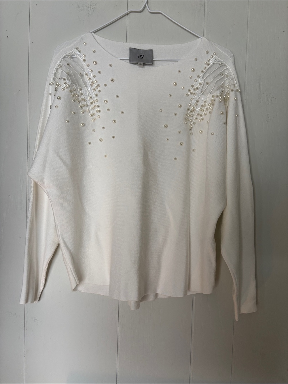 LIV Pearl-Embellished White Knit Sweater
